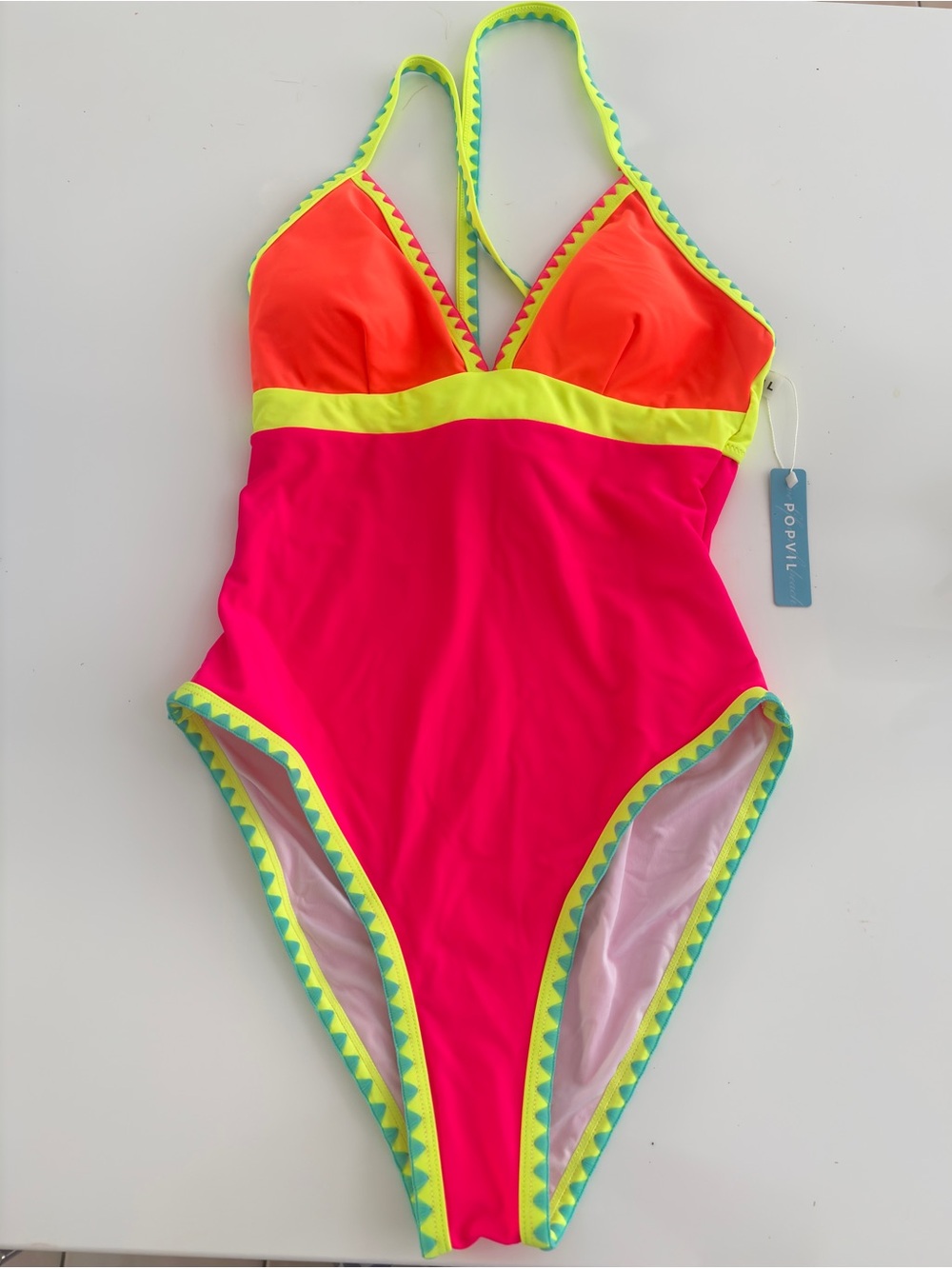 NWT Popvil Neon Pink, Yelllw & Orange One-Piece Swimsuit with Lime Trim Size S